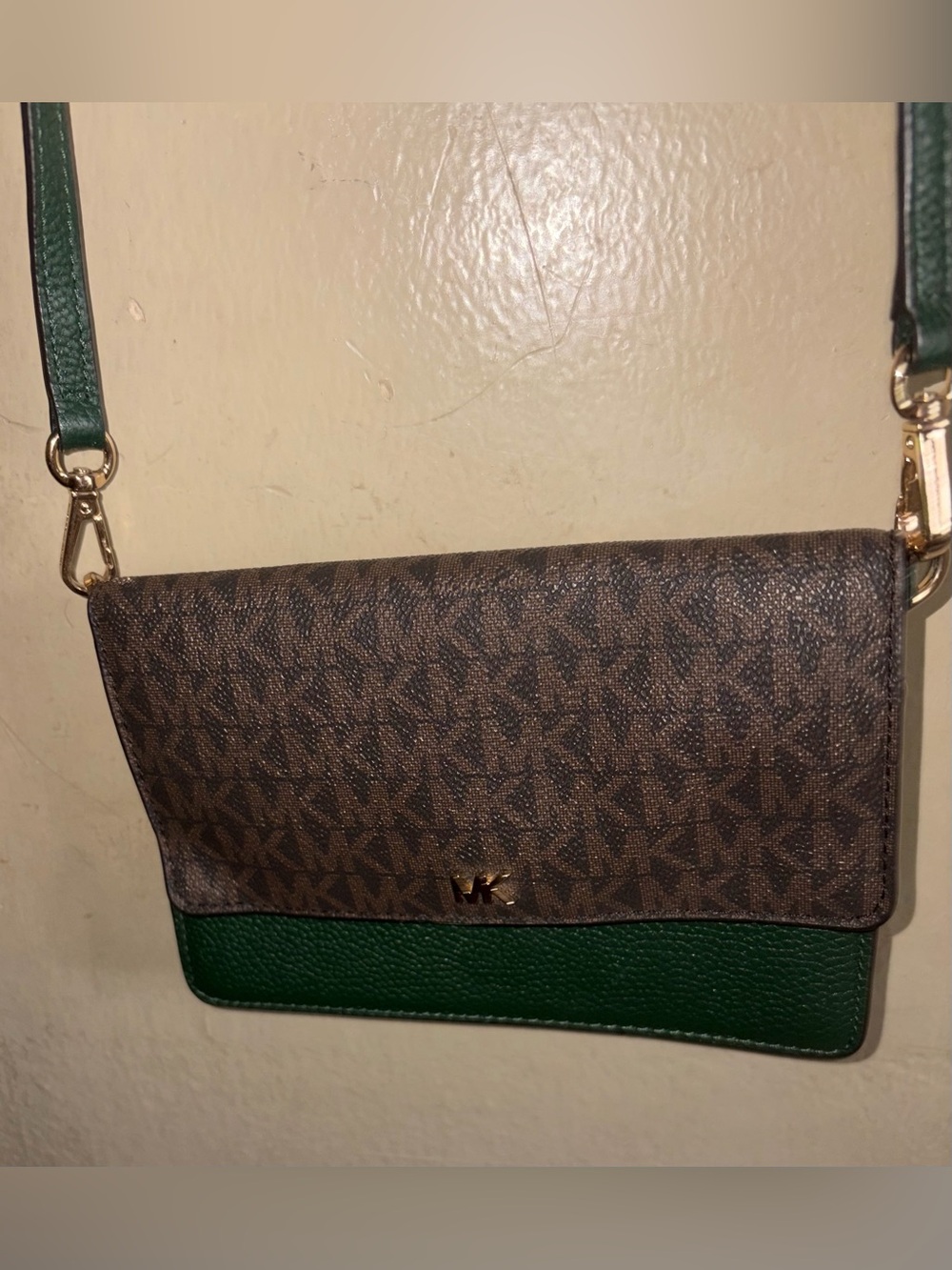 Michael Kors Brown Monogram & Green Leather Crossbody